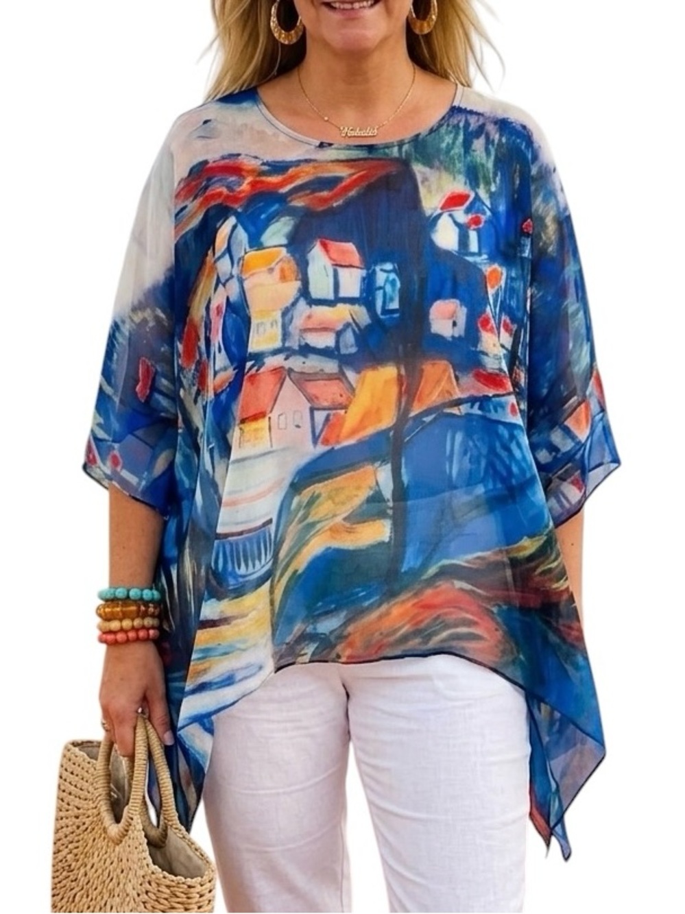 Jade Oversized Sheer Abstract Art Blouse Dolman Sleeve Top Blue S/M. New